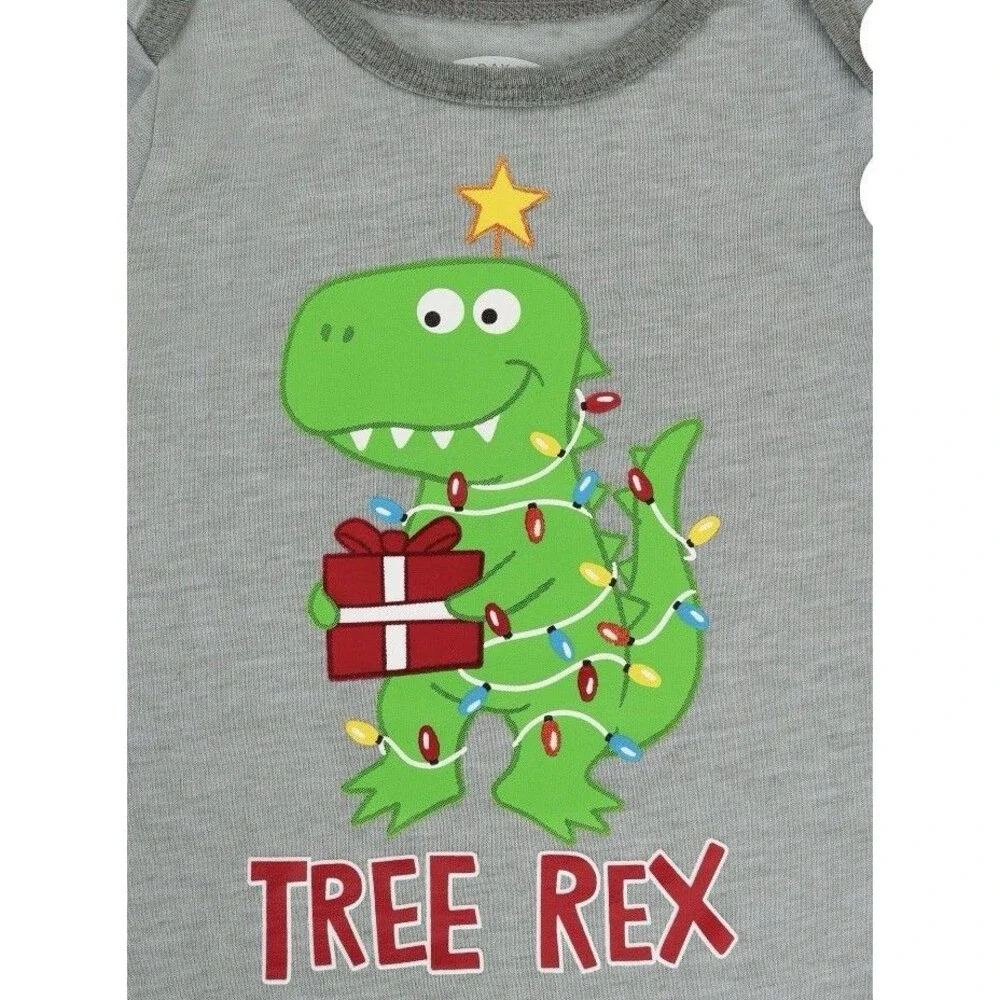 Holiday Time Baby Boy Gray Long Sleeve Graphic Tree Rex Bodysuit Size 3-6M